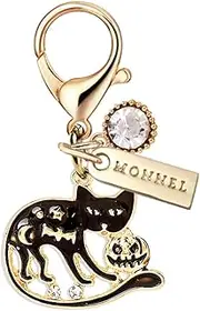 [Monnel] MC471 Little Crystal Halloween Cat Kitten with Pumpkin Bat Lobster Clasp Charm for Women with Velvet Bag (Black,1 Piece), 2.8 cm (L) X 0.3 cm (W) X 2.4cm (H), Zinc Alloy Metal Rhinestone