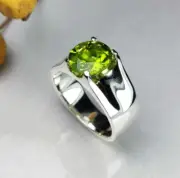 Natural Peridot Ring Real Green Peridot in Round Shape Sterling Silver 925 Ring