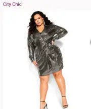 CITY CHIC BNWT Dress Sequin Glow size XS 14 Black Long Sleeve NEW V Neck Plus