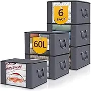 EvanGrinzia 6 Pack Clothes Storage, Foldable Thick Fabric Blanket Storage Bags, Containers for Organizing Bedroom, Closet, Clothing, Comforter,Closet Organization with Handle (Grey,60L)