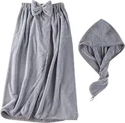 [JZLEJC] Women's Coral Fleece Bath Robe, 55.1x32.3 Anti-Drop Elastic Towel Wrap with Decorative Bow for Shower, Beach, Spa & Pool