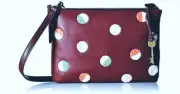 FOSSIL DEVON CABERNET WINE PEBBLED LEATHER,POLKA DOT,KEY CHARM,ZIP,CROSSBODY,BAG