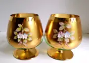 Bohemian Glass Brandy Snifter Hand Painted Enameled Flowers Gilt Gold, Set of 2