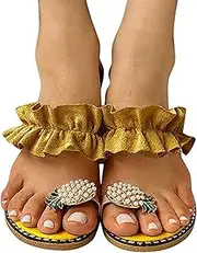 [FORVOLWCO] Women Casual Slippers Pineapple Rhinestone Flat Sandals - Shiny Clip Toe Flip Flops Pearl Bohemian Style Beach Shoes - Summer Elegant Toe Ring Slipper (Color : Yellow, Size : 8)