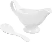 ASAKKURA Ceramic Sauce Boat with Deep Spoon Gravy Boat and Spoon for Serving Sauces Cream and Milk for BBQ Buffet and Dinner Parties