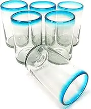 Dos Sueños Hand Blown Mexican Drinking Glasses – Set of 6 Glasses with Aqua Rims (14 oz each)