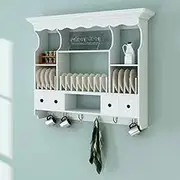 Elegant Wooden Kitchen Wall Cabinet with Hooks and Drawers, Antique White Finish, 90.5x22.5x70.3 cm, MDF & Pine Wood Storage Organizer with Iron Accents