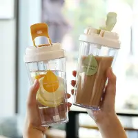 在飛比找樂天市場購物網優惠-韓版網紅吸管杯防漏簡約雙層隔熱透明塑料水杯大容量 咖啡杯 奶