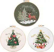 3Pcs Christmas Embroidery kit with Patterns and Instructions for Beginners Cross Stitch Kits for Adults, Including Plastic Embroidery Rings, Colored Threads and Needles Tools and Instruct