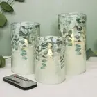 Green Glass Flameless Candles Remote Timer Eucalyptus Leaves Greenery Design ...