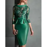 Sheath Cocktail Dresses Elegant Dress Engagement Knee Length 3/4 Length Sleeve Jewel Neck Fall Wedding Guest Satin with Buttons Appliques Race Day Dress