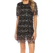 Nevenka Womens Sequin Fringe Dress Cocktail Party Dresses with Short Sleeve-Black