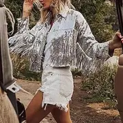 Retro Vintage Disco 1980s Outerwear Disco Sequins Tassel Fringe Sequin Women's Performance Prom Club Adults' Coat Fall Winter