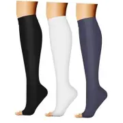 3 Pairs Open Toe Compression Socks for Women Large-X-Large 09 Black/Navy/White
