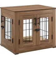 Dog Crate End Table, Double Doors Wooden Wire Dog Kennel with Pet Bed