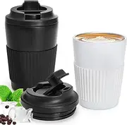 Noamus 2 Pack Travel Coffee Mug with Lid, 12 Oz Leak Proof To Go Vacuum Tumbler, Portable Stainless Steel Camping Water Cups, Reusable Double Wall Powder Coated Thermal Cup for Hot Cold Drink(2 Color)
