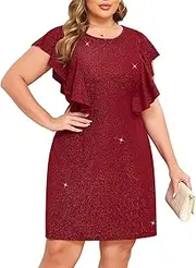 ZOMVA Plus Size Sparkly Shift Dress Wing Ruffle Sleeve Round Neck Short Glitter Dresses Wedding Guest Cocktail Party