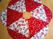 Quilted Christmas tree skirt - red, white, silver ornaments and snowflakes - 44"