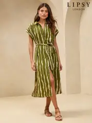 Lipsy Green Petite Short Sleeve Linen Look Button Down Midi Shirt Dress (AG5879) | $113