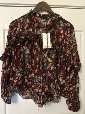 NWT Zara Burgundy Floral Paisley Peasant Ruffle Blouse Top Shirt XS X Small 0 2