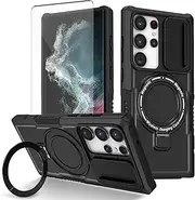 Asuwish Phone Case for Samsung Galaxy S22 Ultra 5G with Screen Protector and Camera Cover Slim Magnetic Rugged Stand Heavy Duty Hybrid Cell S22ultra 22S S 22 S22ultra5g 6.8 Women Men Black