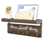 Wall-Mounted Key and Mail Holder, Wooden Key Rack with 4 Double Key Hooks, Ru...