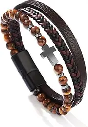 [COLORFUL BLING] Genuine Leather Cross Bracelet for Men Vintage Braided Mutilayer Sideway Cross Cuff Wristband Religious Confirmation Christian Prayer Jewelry