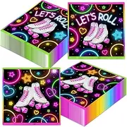 Roller Skating Party Supplies-40Pcs Roller Skating Birthday Napkins,Neon Let's Roll Napkins,Roller Skate Paper Napkins for Boy Girl Skate Party Decorations
