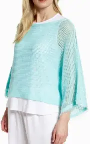 Eileen Fisher Organic Linen Fringe Trim Short Sweater Seaglass NWT $178