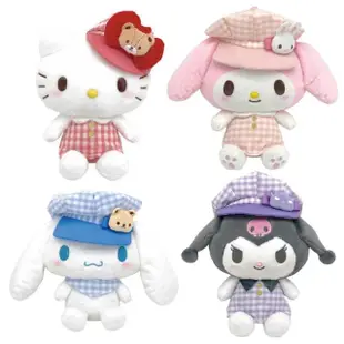 【小禮堂】三麗鷗 絨毛玩偶娃娃 - 格紋帽款 Kitty 大耳狗 酷洛米(平輸品)