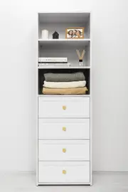 GENEVA 3 SHELF 4 DRAWER BUILT IN WARDROBE - WHITE - HAMPTON - ROUND BRASS