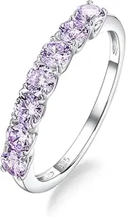 [DAYBYDAY] Birthstone Rings for Women, 925 Sterling Silver Created Gemstone Half Eternity Band Ring, 7 Stone Wedding Band 2mm Stackable Anniversary Rings for Her Wife Mom Birthday Jewelry