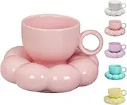 ARISKEY Cute Coffee Mug for Women,Tea Cup and Saucer Set with Spoon,6.5oz/200ml for Latte and Milk,Dishwasher and Microwave Safe,Suitable for Mom,Peach Pink