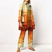 Women's 2 Pieces Streetwear Daily Neon Bright Shirt Pants Sets Wide Leg Pants Trousers Long Sleeve Shirt Collar Geometric Print Work Daily Pink Red Blue Fall