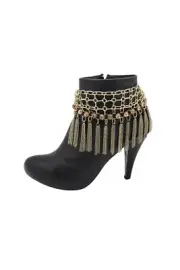 Women Dark Gold Chain Fringes Tassel Web Boot Bracelet Shoe Bling Charm Western