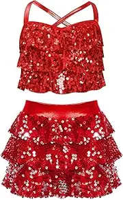 [Sinleey] Kids Girls Jazz Latin Salsa Cha Cha Dance Outfit Shiny Sequins Camisole Crop Top With Skirt Set Dancewear