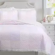 Precious Pink Floral Dot Ruffle Plaid Patchwork Cotton Reversible Quilt Bed Set