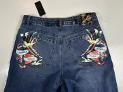 Ed Hardy Women’s 32 x 31 Born Free Painted Birds Loose Wide Leg Skater Denim Y2K