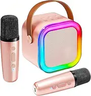 Mini Karaoke Machine for Kids, Birthday Gifts Toys for Girls Boys Friends Age 3-12+, Portable Bluetooth Speaker with 2 Wireless Mics, Karafun Premium Songs Family Home Party (Rose Gold)