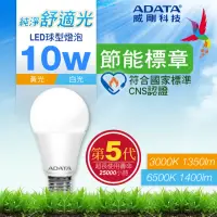 在飛比找momo購物網優惠-【ADATA 威剛】10W 節能標章 LED燈泡 超高光效 