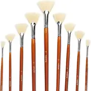 Artist Fan Paint Brush Set of 9, White Hog Bristle Natural Hair Anti-Shedding