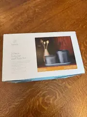 Haven 3 Piece Eulo Jar and Tray Set in Blue Frosted Glass For Bathroom