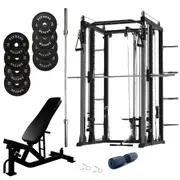 Premium Smith Machine Bundle - 100kg Black Bumper Plates, Barbell & Bench