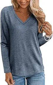 [TICTICMIMI] Women's V Neck Long Sleeve Tops Casual T Shirts Basic Blouse Tees Loose Fit Lightweight Tunic Shirts