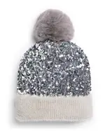 Surell Girls' Knit Sequin Beanie Hat With Faux Fur Pom - Big Kid