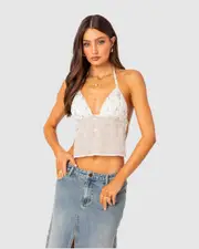 EDIKTED Womens Embroidered Open Back Top WHITE