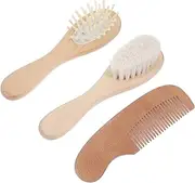 HAMPPLIES Baby Wooden Hairbrush Set 3 Piece Brush and Comb Set Scalp Brush for Shower for Newborns