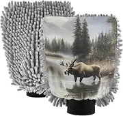 XYMZR Retro Moose Landscape Absorbent Microfiber Car Wash Mitt, Funny Cute Anime Scratch Free for Cars Cleaning, Home Cleaning Mitts, 2 Pack, 10.24” L x 7.09” W