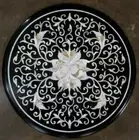 24"Antique Black Marble Side Table with Mother of Pearl Mosaic Art Handmade Work