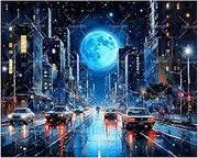 City Nightscape Paint by Numbers Kit for Adults - DIY Full Moon over Busy Urban Street Painting on Canvas 16x20In, Acrylic Paint Set, Suitable for Beginners, Art for Home Decoration or Gifts